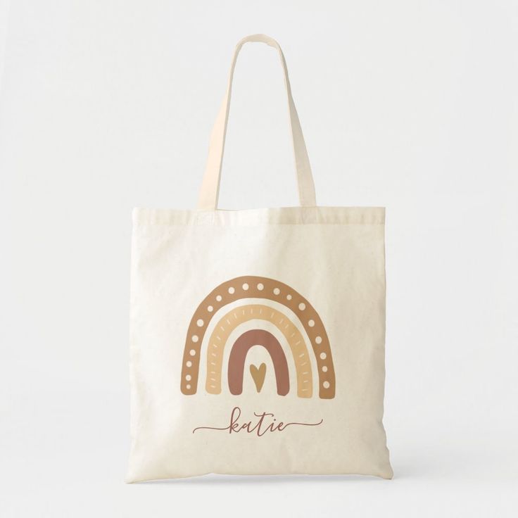 Modern Pastel Brown Rainbow Boho Your Name Tote Bag Color: Natural. Gender: unisex. Age Group: adult. Pastel Pink Rainbow, Decorated Tote Bags, Cute Calligraphy, Diy Tote Bag Design, Brown Rainbow, Handpainted Tote Bags, Pastel Brown, Rainbow Boho, Painted Tote