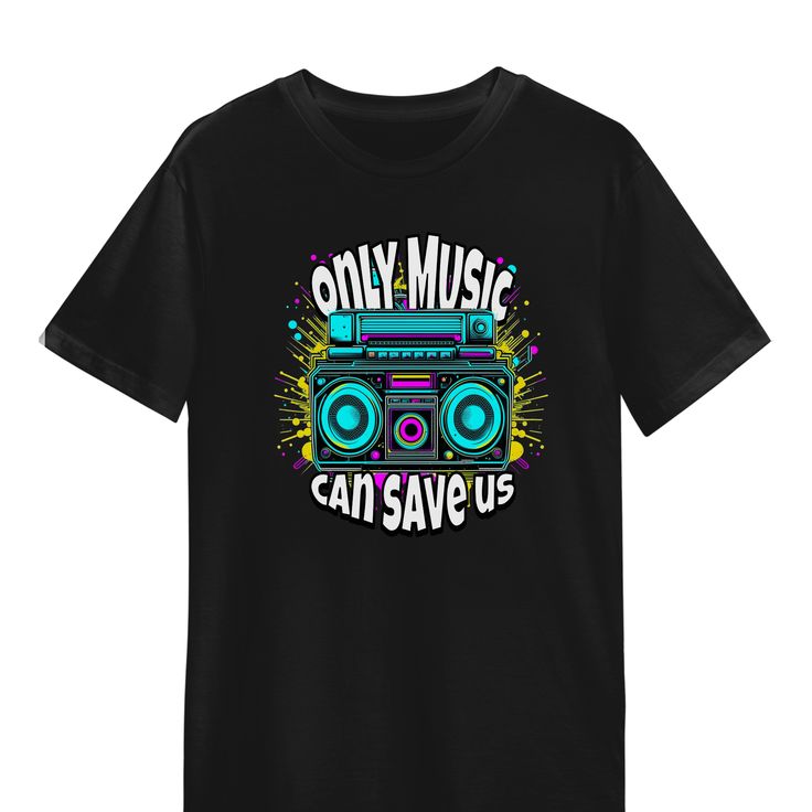 Graphix Fuse "Only Music Can Save Us" Unisex Tee Black Hip Hop Top For Music Festival, Short Sleeve T-shirt With Graphic Design For Concert, Casual Letter Print T-shirt For Music Festivals, Casual Black T-shirt For Music Festivals, Unisex Letter Print T-shirt For Concert, Slogan Tops For Streetwear At Music Festivals, Black Graphic Tee For Music Festival, Graphic Tee For Concerts And Music Festivals, Graphic Tee With Crew Neck For Music Festival