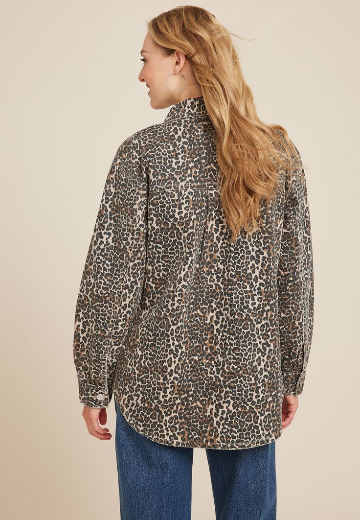 Leopard Oversized Shacket - Materials & Care:imported - 99% cotton 1% spandex - machine wash Collared Cotton Tops For Fall, Oversized Shacket, Plus Dresses, Denim Fabric, Oversized Fits, Favorite Things List, Athleisure, Leopard Print, Spandex