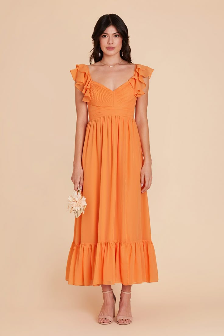 Michelle Chiffon Dress - Apricot Pastel Orange Bridesmaid Dresses, White Dresses For Sale, Ethereal Gown, Bridesmaid Dress Chiffon, Cross Wedding, Orange Bridesmaid Dresses, Tea Length Skirt, Tuxedo Women, Orange Midi Dress