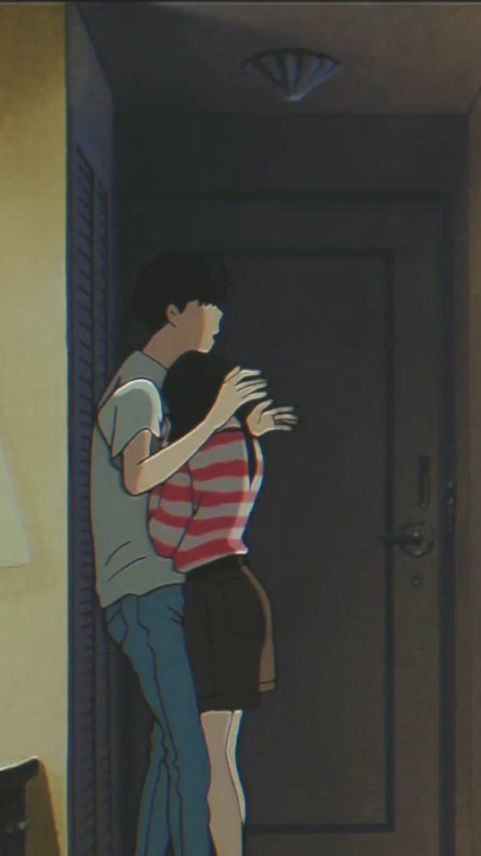 an animated image of two people hugging each other in a room with the door open