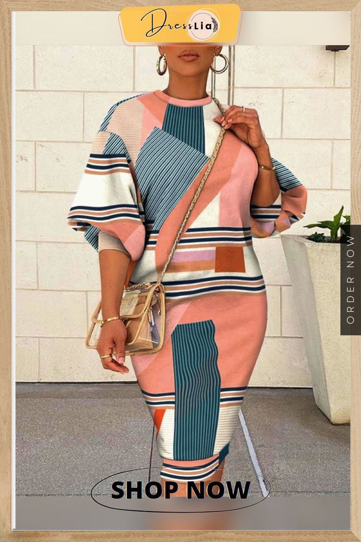 Geometric Print Lantern Sleeve Sweatshirt Dress Printed Casual Dresses, Pencil Skirt Dress, Solid Color Dress, Printed Bodycon Dress, High Quality Dress, Stylish Plus, Midi Sheath Dress, Basic Long Sleeve, Colorblock Dress