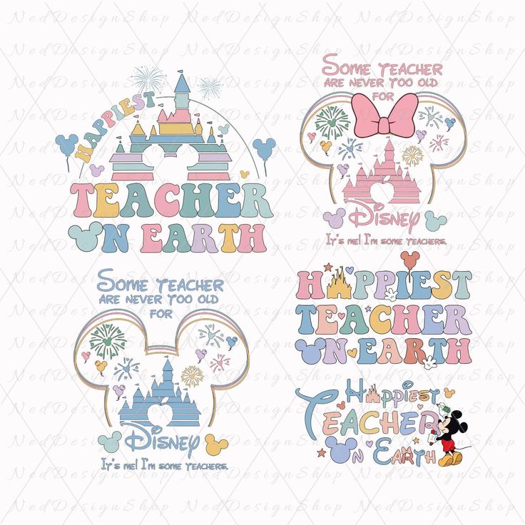 mickey mouse and minnie mouse cutouts with the words teacher on earth, some teachers are never