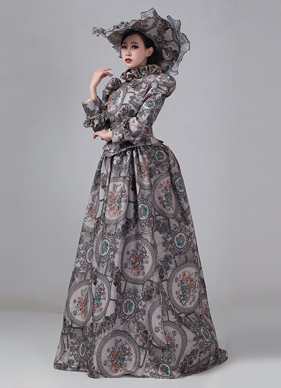 Women 19th Century Gray Floral Victorian Bustle Dress Color: Gray Floral   Material: This dress made of High Quality Satin, soft,smooth and comfortable to wear  Sleeve Length:  Long Sleeve  Dresses Length:Floor Length  Neckline:  Stand Collar  Decoration: Ruffles + Lace  Package Includes:  Dress + Hat   The length of skirt about 45 inches (114 cm) long from waist to hem regardless of size. This dress is pictured with a 6-hoop skirt Petticoat underneath to achieve the look. Petticoat are NOT Victorian Bustle Dress, Masquerade Party Dresses, Gothic Victorian Dresses, Victorian Bustle, Victorian Dresses, Bustle Dress, Hoop Skirt, Party Dresses Online, Dress Hat