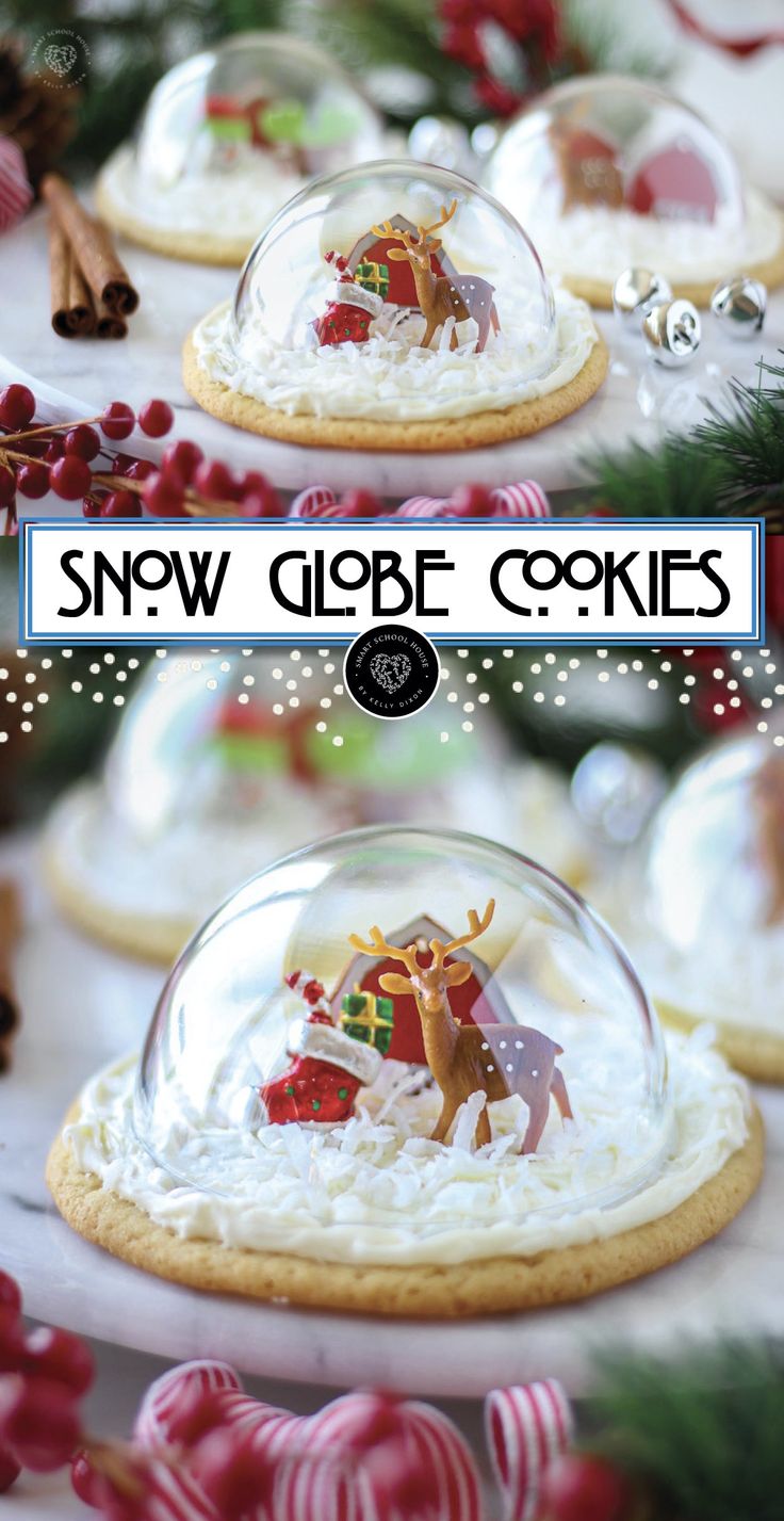 snow globe cookies are displayed on a table