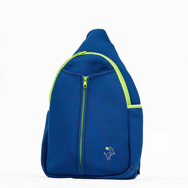 a blue backpack with neon green zippers on the front and side pockets, sitting against a white background