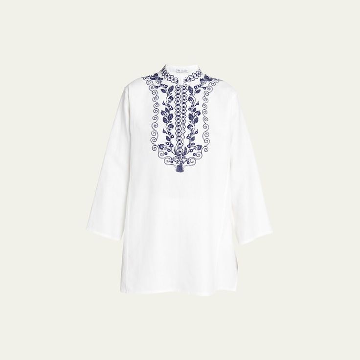 Loro Piana "Cam Sophia" blouse with an intricately embroidered neckline Collared split neckline Flared long sleeves Mini side slits Hip length Relaxed fit  Flax Dry clean Made in Italy Elegant Long Sleeve Kurta With Geometric Embroidery, Long Sleeve Blouse With Geometric Embroidery, Spring Long Sleeve Embroidered Kaftan, White Long Sleeve Embroidered Top, White Long Sleeve Kurta With Embroidered Sleeves, White Long Sleeve Tunic With Resham Embroidery, Elegant Long Sleeve Blouse With Geometric Embroidery, Elegant Long Sleeve Tunic With Chikankari Embroidery, White Resham Embroidery Long Sleeve Tunic