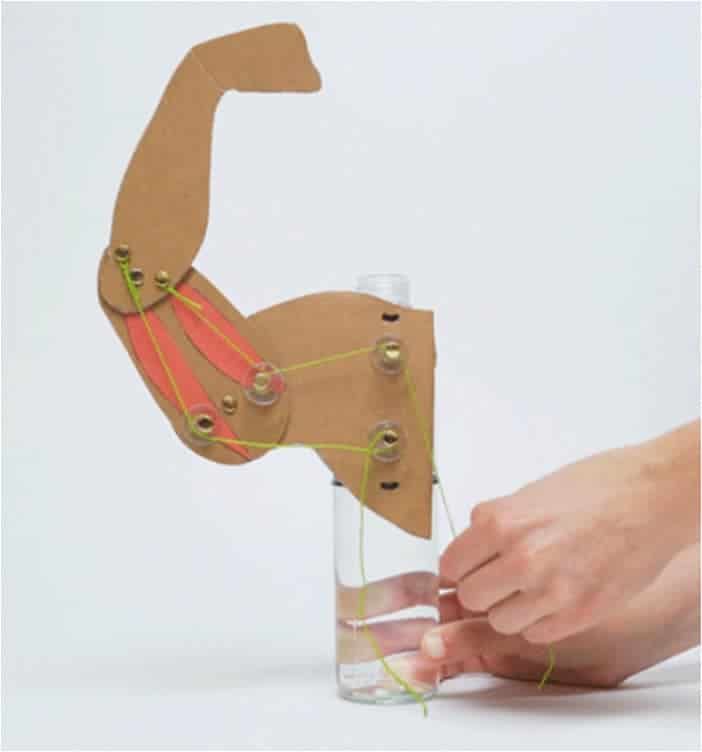 a hand is holding a piece of cardboard and string attached to a glass vase with water in it