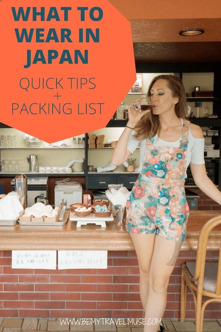 a woman standing in front of a counter with the words what to wear in japan quick tips packing list