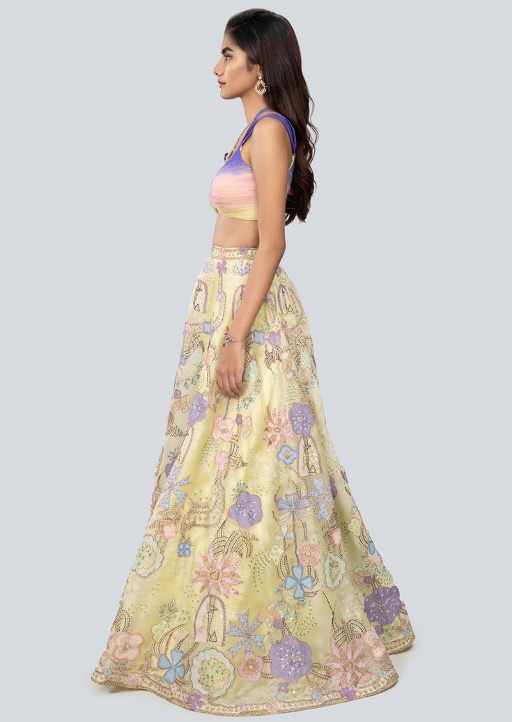 Canary yellow satin organza lehenga with lurex appliqued and heavy embellished with organza pleats ombre blouse and lurex dupatta. Silk Yellow Sharara With Floral Embroidery, Yellow Silk Sharara With Floral Embroidery, Yellow Raw Silk Dress For Reception, Yellow Embellished Designer Wear Sets, Designer Yellow Embellished Sets, Elegant Yellow Sharara With Floral Embroidery, Yellow Floral Embroidered Sharara For Reception, Reception Yellow Floral Embroidered Sharara, Yellow Floral Embroidery Sharara For Reception