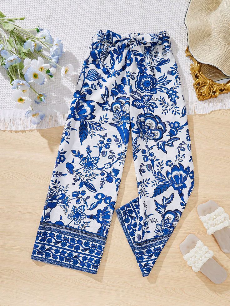 Blue and White Boho Collar  Woven Fabric Floral Wide Leg Embellished Non-Stretch Spring/Summer/Fall Tween Girls Clothing Printed Wide-leg Bottoms For Beach Season, Beach Pants With Printed Blue Design, Blue Printed Beach Pants, Floral Print High-waisted Beach Pants, Light Blue Wide-leg Pants With Elastic Waistband, Cute Belt, Printed Wide Leg Pants, Vacation Style, Pantalon Large