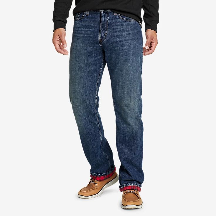 Men's Flannel-lined Flex Jeans - Straight Fit | Eddie Bauer Winter Mid-rise Cotton Jeans, Rugged Straight Leg Bottoms For Everyday, Rugged Straight Leg Pants For Fall, Medium Wash Straight Leg Pants For Winter, Winter Medium Wash Cotton Pants, Classic Winter Jeans For Everyday, Rugged Five-pocket Bottoms For Fall, Dark Wash Denim Jeans For Casual Gatherings, Dark Wash Winter Jeans