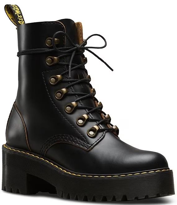 Dr. Martens Leona Smooth Leather Chunky Lug Sole Platform Heel Combat Boots | Dillard's Dr Martens Leona, Dr Martens Chelsea, Heel Combat Boots, Doc Martens Boots, Doc Marten, Platform Heel, Fall Shoes, Black Vintage, Lug Sole