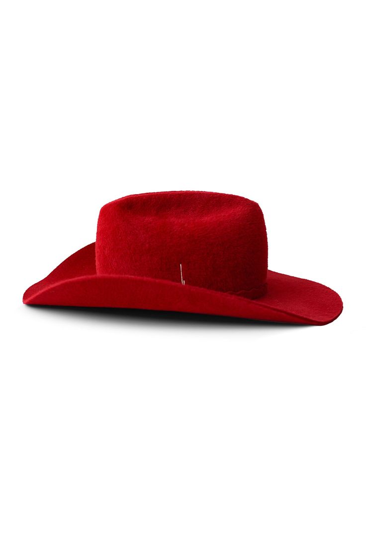 This updated version of our Vision cowboy style features a self-fabric band with a scalloped edge, sealed with a round silver stud. Still made with a center crease, and a flanged brim. Each hat is carefully crafted by hand in our Stockholm studio. Red Wool Felt Hat With Curved Brim, Classic Red Felt Hat For Fall, Red Western Fedora For Kentucky Derby, Red Western Fedora Felt Hat, Red Hat For Rodeo In Winter, Red Hat For Winter Rodeo, Western Red Fedora Felt Hat, Western Style Red Fedora Felt Hat, Red Western Style Fedora Felt Hat