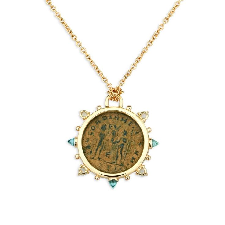 This DUBINI coin necklace from the 'Empires' collection features an authentic Roman bronze coin minted circa 295-299 A.D. set in 18K yellow gold with bullet blue topaz and moonstone cabochons. Depicted on the coin: Diocletian, on the obverse and Luxury Tarnish Resistant Medallion Coin Necklace, Byzantine Coin Pendant Jewelry, Byzantine Round Coin Pendant Jewelry, Byzantine Style Round Coin Pendant Jewelry, Luxury Yellow Gold Medallion Coin Necklace, Luxury Yellow Gold Coin Medallion Necklace, Tarnish Resistant Round Coin Amulet Necklace, Luxury Gold Plated Coin Necklace, Yellow Gold Medallion Necklace With Coin Pendant