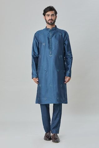 Teal blue sherwani with mirror, thread and sequins embroidery. Comes with pant and a kurta. - Aza Fashions Blue Bandhgala With Mirror Work For Festive Occasions, Blue Bollywood Bandhgala With Mirror Work, Designer Blue Sherwani With Gota Work, Blue Sherwani With Gota Work, Blue Bollywood Sherwani With Gota Work, Blue Churidar With Mirror Work For Reception, Blue Straight Kurta Bandhgala For Navratri, Blue Bandhgala With Mirror Work For Wedding, Wedding Blue Bandhgala With Mirror Work