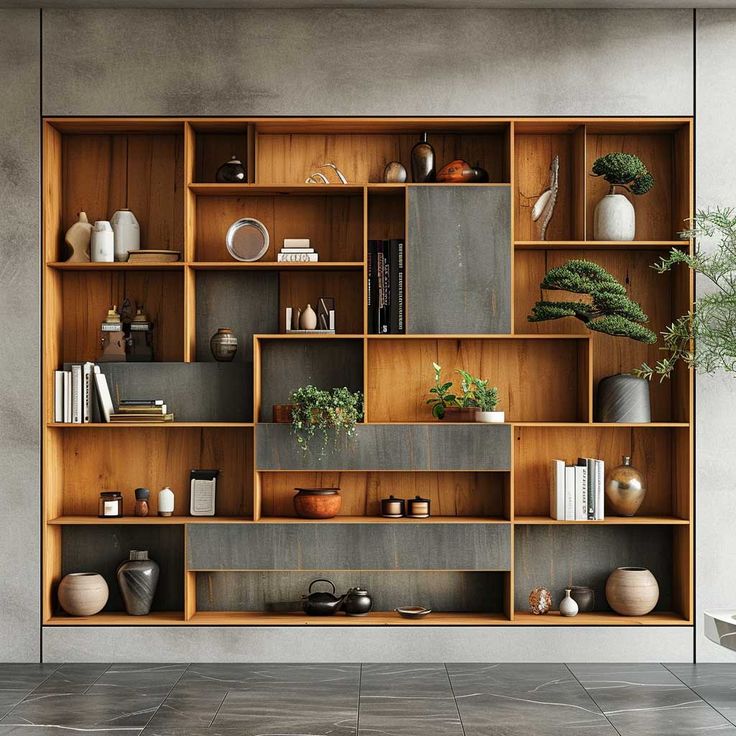 a wooden shelf filled with lots of books and vases