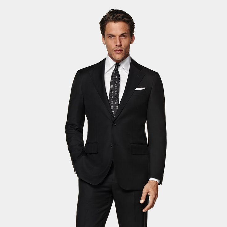 This elegant black Havana suit offers a streamlined silhouette, featuring notched lapels, and flap pockets it creates a sharp, modern look for any occasion. Black Double Breasted Suit For Business, Black Single Button Double Breasted Suit For Business, Black Single-breasted Suit For Semi-formal Occasions, Black Double Breasted Suit Single Button For Business, Timeless Black Tuxedo For Business, Elegant Black Suit With Notch Lapel, Professional Formal Pantsuit With Welt Pockets, Black Blazer With Concealed Placket For Evening, Luxury Formal Pantsuit With Suit Collar