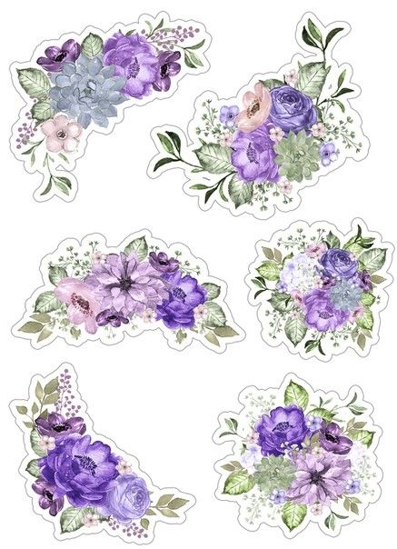 purple flowers and leaves stickers on a white background