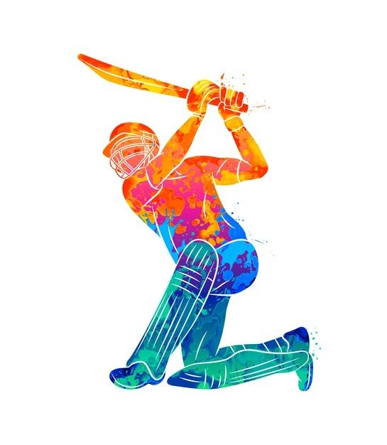 a cricket player is jumping up to hit the ball with his bat in colorful paint splat