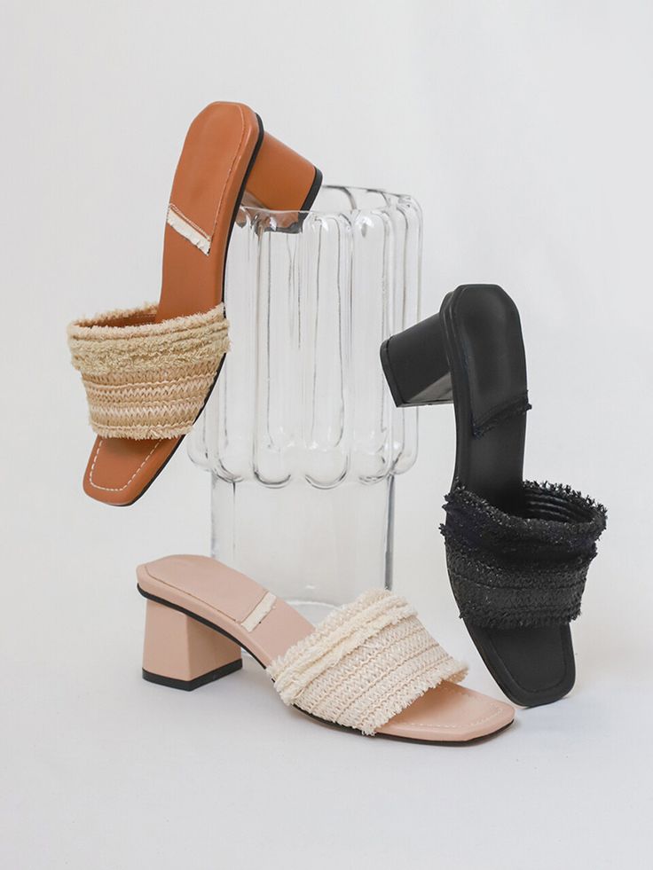 Editor's NotesDIAN Mule Sandal Heels from SECONDAILY have feminine and effortlessly stylish design. Rattan point mules go well with every summer outlook. - Rattan and fabric mixed wide strap mules- Slim square toe and stitch point- Comfortable chunky middle heels with leather covering- Soft leather texture with subtle gloss- Non-slip rubber outsole and cushioned insoleMeasurements(in.)- Size: KR225mm(US5.5)-KR250mm(US8)   - Heel height: 2.16 in- Weight: 203 g (235mm)- Fits tr Daily Shoes, Shoes Chunky, Heels Brown, Sandal Heels, Luxurious Design, Mule Sandals, Leather Texture, Mixing Fabrics, Wide Straps