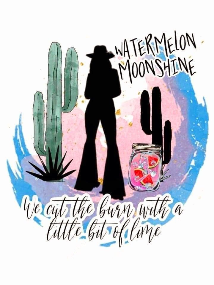 a woman standing next to a cactus with the words watermelon moon shine on it