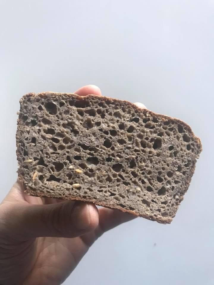 a piece of bread that is in someone's hand