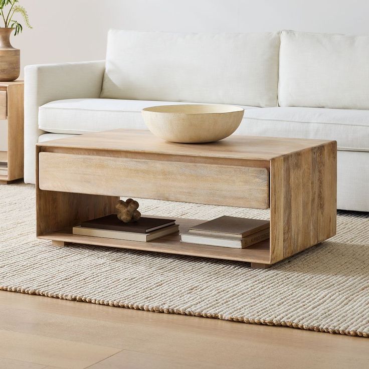 a coffee table with a bowl on top in front of a white couch and rug