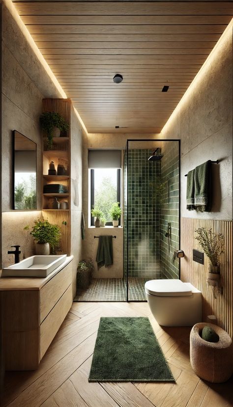 a modern bathroom with wooden floors and walls