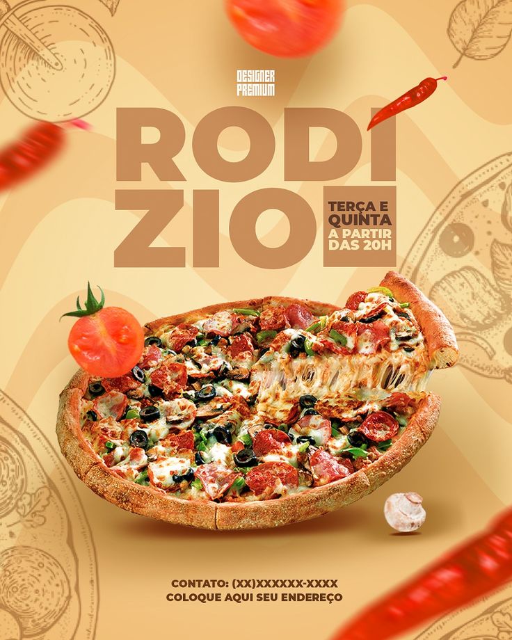 an advertisement for a pizza restaurant with tomatoes and cheese on the side, in spanish