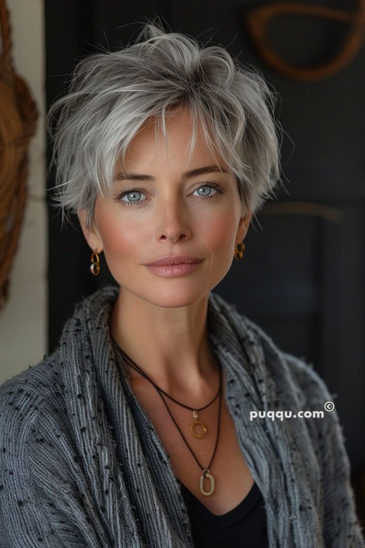 Short Pixie Grey Hair, Pixie Haircut Thick Wavy Hair, Best Colors To Wear With Gray Hair, Pixie Shag Haircut Over 50, Grey Hairstyles Over 50, Pixie Haircuts For Women Over 60, Grey Shag Hairstyles, Short Gray Hairstyles Over 60, Trendy Gray Hair