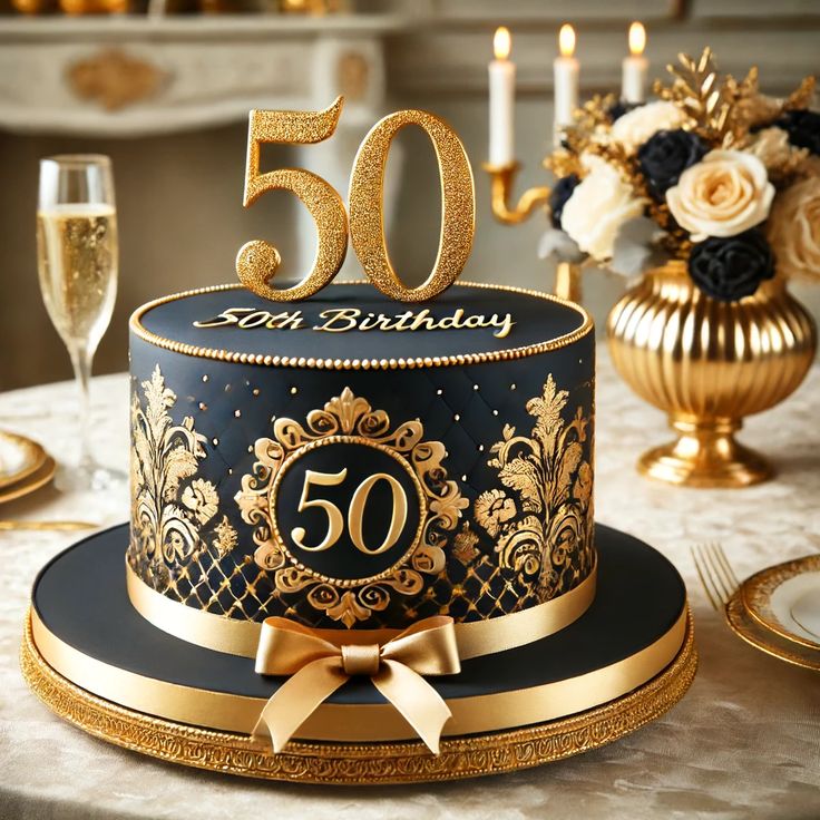 a black and gold 50th birthday cake on a table