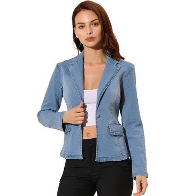 Designed with a notch lapel collar and princess line, this ageless style is the perfect insert to your workwear collection.Classic yet utilitarian style defines this button-front jacket made from washed denim with just a hint of stretch.The denim blazer has a timeless wash and button front.Pair with the matching pants for a complete look! Denim Blazer Jacket, Long Denim Jacket, Utilitarian Style, Stretch Denim Fabric, Button Long Sleeve, Jean Jacket Women, Denim Blazer, Button Up Long Sleeve, Blue Outfit