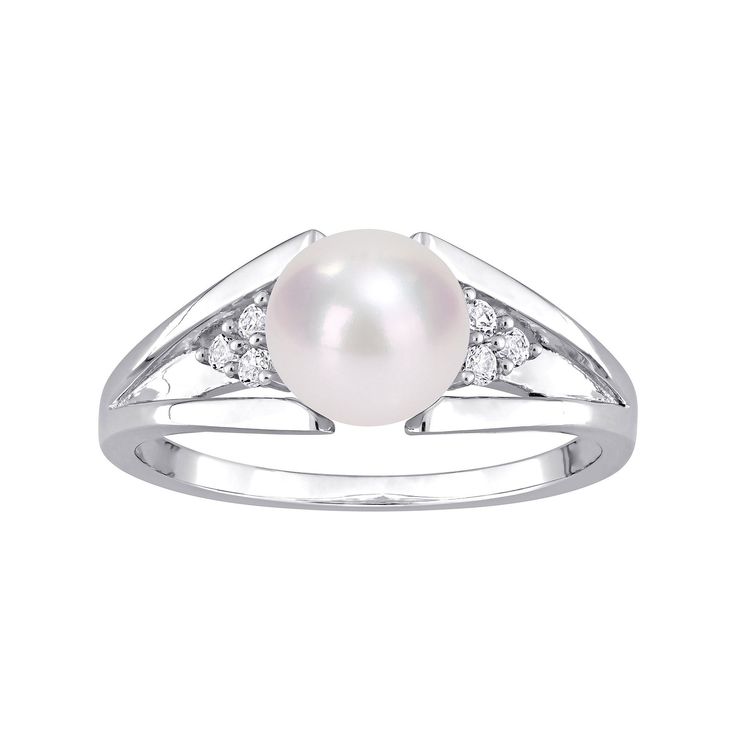 Accented with shimmering diamonds, this Stella Grace freshwater cultured pearl ring offers sophisticated style. Accented with shimmering diamonds, this Stella Grace freshwater cultured pearl ring offers sophisticated style.Click on this JEWELRY & WATCHES GUIDE to learn about fit, styles, materials and more! Width: 7.7 mm Metal: sterling silver Plating: rhodium Finish: polished Packaging: boxedDIAMOND DETAILS Total weight: less than 1/10 ct. Shape: round Setting: prongCULTURED PEARL DETAILS Type: Pearl White Diamond Pearl Ring With Diamond Accents, Pearl White Pearl Ring With Diamond Accents, Pearl White Diamond Pearl Ring With Accents, Diamond White Pearl Ring With Diamond Accents For Promise, Pearl Ring With Diamond Accents, Silver Pearl Rings With Diamond Accents, Silver Rings With Diamond Accents And Pearl, Anniversary Akoya Pearl Ring With Diamond Accents, Akoya Pearl Ring With Diamond Accents For Anniversary