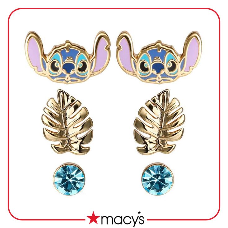 two pairs of earrings with ears and leaves on the front, one has blue crystals