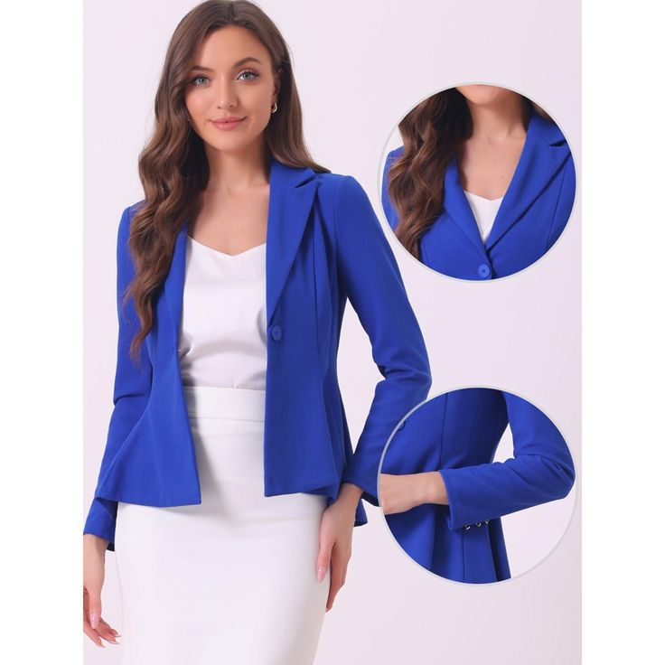 A perfect addition to your professional wardrobe. This blazer is designed to effortlessly enhance your outfit with its modern peplum silhouette while maintaining a polished and business-appropriate look. This peplum design adds a touch of femininity, creating a flattering shape that accentuates your waistline. The versatility of this blazer makes it an essential piece for various occasions. Whether you're attending an important meeting, a formal event, or simply dressing up for work, this blazer Blue Notched Blazer For Work, Notched Blue Blazer For Work, Blue Notched Blazer For Workwear, Fitted Professional Blazer Dress For Office, Professional Fitted Blazer Dress For Office, Single Button Blazer Dress For Career, Professional Blue Blazer For Office Wear, Blue Professional Blazer For Office Wear, Notched Blazer Dress For Work