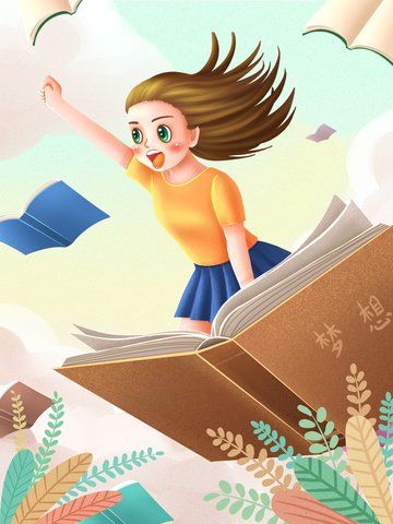 a girl flying through the air on top of an open book