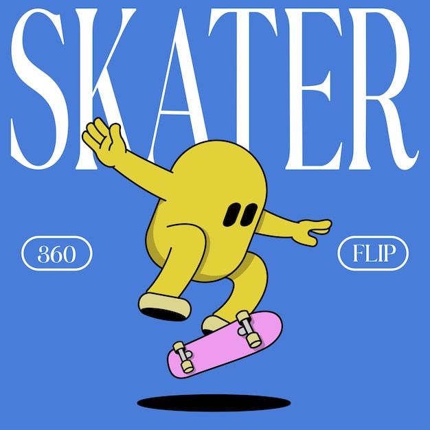 a cartoon character riding a skateboard in the air with words above it that read skater