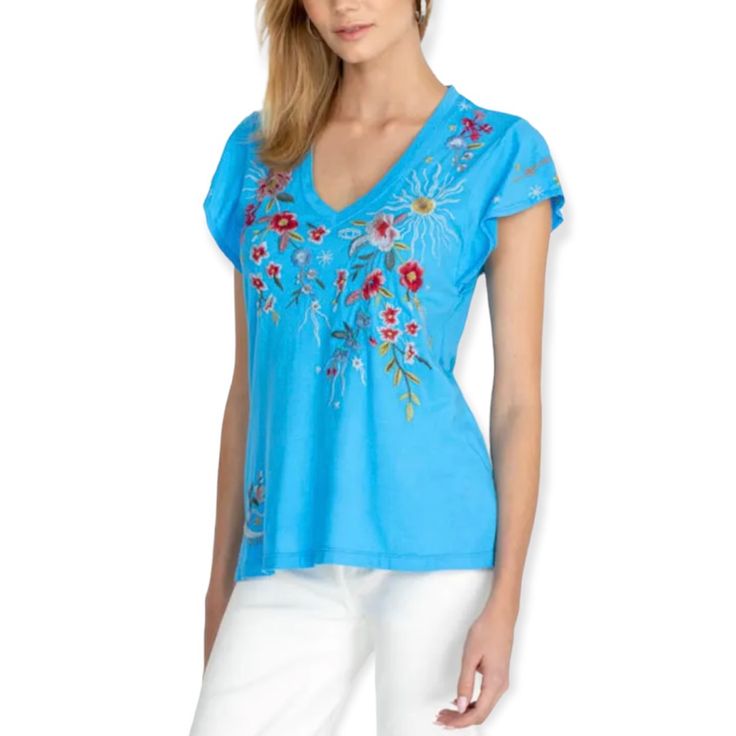 Johnny Was Lissa Tee Flutter Sleeve V-Neck T-Shirt Floral Embroidery Azure Blue The Lissa Flutter Sleeve Tee Elevates The Classic V-Neck Shirt Thanks To Its Flutter Sleeves That Create Soft Folds And Add Movement To Your Outfit. The Asymmetrical Floral Motif Looks Original And Sophisticated. Like Any Classic V-Neck Top, This Flutter Sleeve Tee Is A Versatile Piece That You Can Layer With An Open Hoodie For A Relaxed Look Or Pair With Some Comfortable Denim Shorts For A Fresh Summertime Outfit. N Summertime Outfits, Country Fashion, Azure Blue, Johnny Was, Flutter Sleeves, Floral Shirt, Neck Shirt, V Neck Tops, Flutter Sleeve