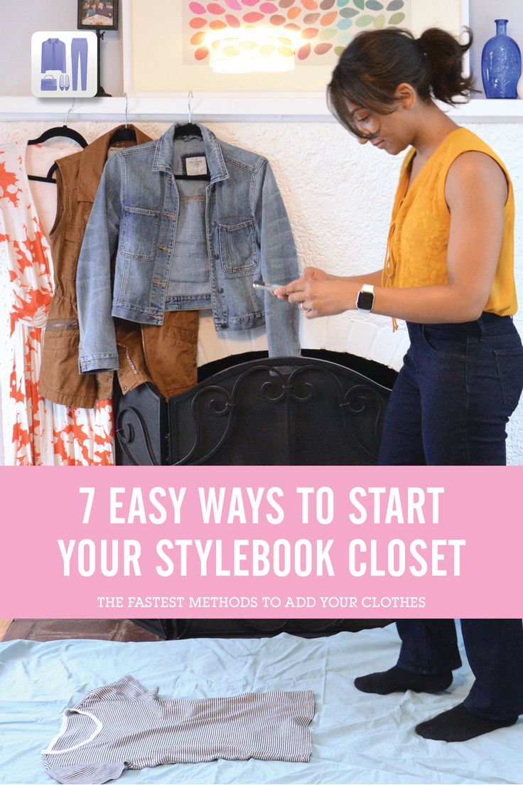 a woman standing in front of a bed with clothes on it and the words 7 easy ways to start your stylebook closet