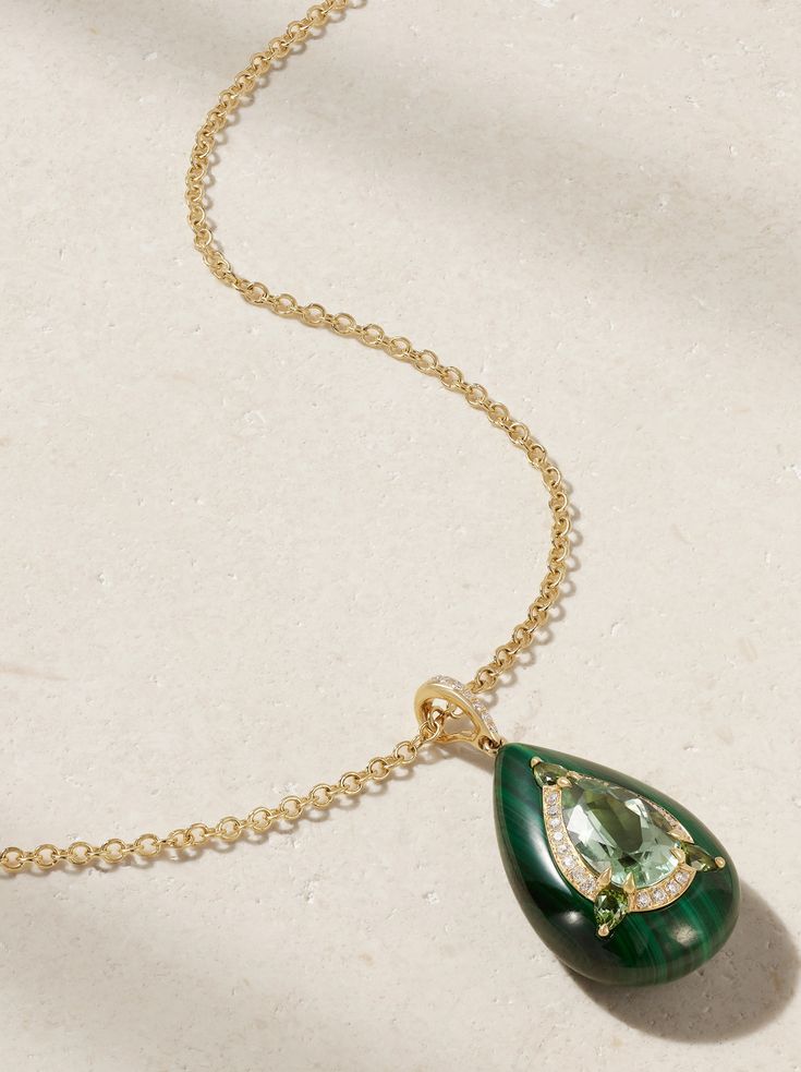 Boghossian's necklace is part of the 'Reveal' collection, which is inspired by the intricate details seen in Mughal-era art. Cast from 18-karat gold, it has a vibrant malachite pendant inlaid with tonal tourmalines and shimmering diamonds using an ancient technique of carving stones, so they sit seamlessly together. Adjust the slim chain to your preferred drop. Luxury Teardrop Gemstones, Luxury Teardrop Emerald Necklace With 17 Jewels, Luxury Green Diamond Necklace With Gemstone, Luxury Green Gemstone Diamond Necklace, Luxury Green Diamond Gemstone Necklace, Luxury Emerald Gemstone Necklace For Formal Occasions, Luxury Emerald Diamond Necklace, Formal Briolette Emerald Necklace, Exquisite Gemstone Necklace For Formal Occasions