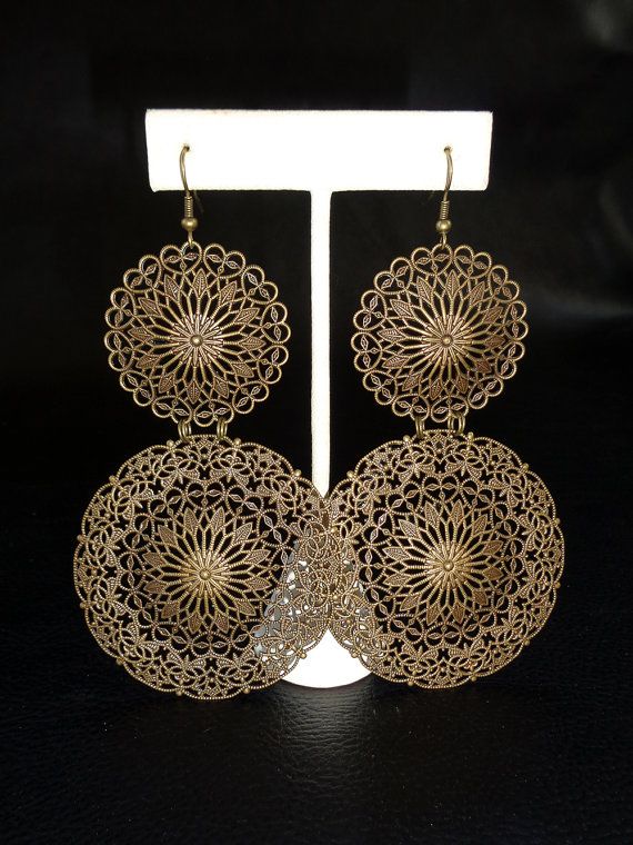 Statement filigree earrings by LogicFreeDesign on Etsy Bronze Antique Finish Drop Earrings, Bronze Filigree Jewelry, Bronze Metal Chandelier Earrings, Elegant Bronze Brass Chandelier Earrings, Antique Gold Brass Filigree Jewelry, Vintage Bronze Chandelier Earrings In Brass, Vintage Brass Filigree Chandelier Earrings, Vintage Bronze Brass Chandelier Earrings, Bronze Metal Pierced Chandelier Earrings