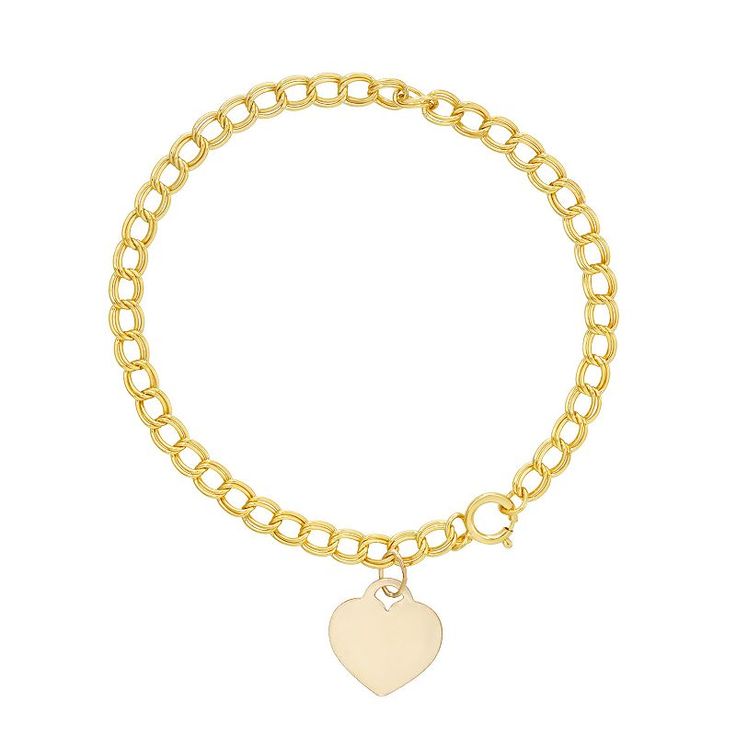 "Decorated with a dangling heart charm, this Charming Girl bracelet is a sweet addition to her jewelry collection. Decorated with a dangling heart charm, this Charming Girl bracelet is a sweet addition to her jewelry collection. Length: 6 in. Clasp: spring ring Nickel free Metal: brass Plating: 14k gold Finish: polished Packaging: boxed Please note, due to the high value of this item, a signature may be required upon delivery. Size: 6"". Gender: female. Age Group: kids. Material: 14 Kt Gold." Heart-shaped Charm Bracelet With Dangling Charms For Valentine's Day, Gold Dangle Charm Bracelet With Heart Charm, Gold Dangle Heart Charm Bracelet, Heart-shaped Gold Bracelet With Charms For Valentine's Day, Valentine's Day Heart-shaped Gold Bracelet With Charms, Personalized Heart Jewelry, Girl Bracelet, Heart Charm Bracelet, Spring Rings