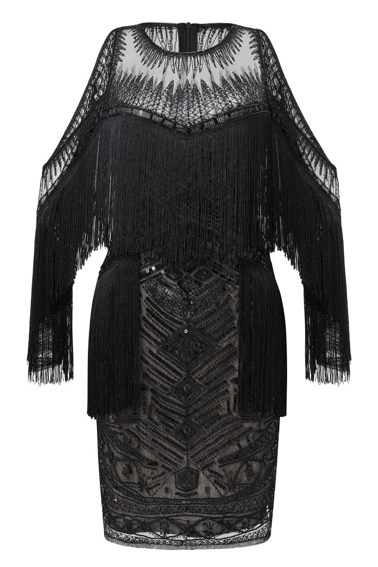 The sheer neckline offers a glimpse of subtle sensuality, elegantly framing the face and collarbone. Long sleeves, adorned with playful fringe, cascade gracefully, enhancing your movements with every step. Fringed sides at the waist create a flattering silhouette, emphasizing your figure while adding a touch of vintage glamour. Intricate beadwork adds a layer of luxury and craftsmanship, creating a mesmerizing effect that captures the light and draws admiration. Features: Off-shoulder design See Glamorous Black Beaded Fringe Flapper Dress, Fitted Flapper Dress With Tassels For Evening, Glamorous Beaded Fringe Flapper Dress For Gala, Fitted Tassel Flapper Dress For Evening, Fitted Fringe Flapper Dress For Evening, Fitted Flapper Dress With Fringe For Evening, Elegant Flapper Dress With Fringe For Party, Flapper Style Dresses With Beaded Fringe For Night Out, Flapper Fringe Dresses For Night Out