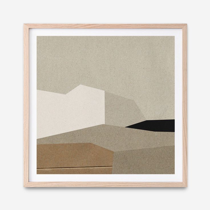 an abstract painting with brown, white and black colors on the paper in a wooden frame