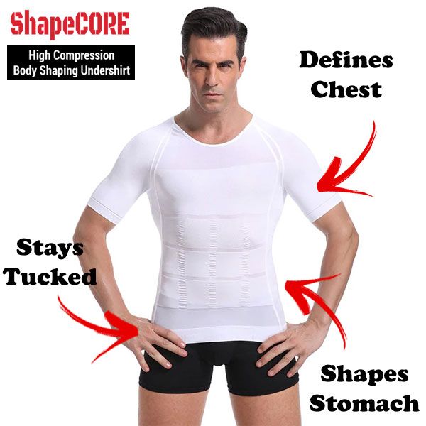 a man with his hands on his hips wearing a white shirt and black shorts that says shape core