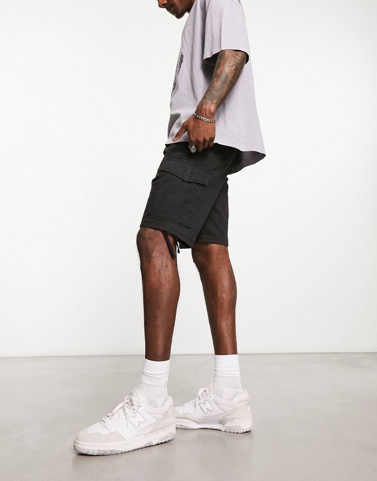 Jack & Jones Intelligence drawstring cargo shorts in black | ASOS Utility Cargo Shorts With Drawstring, Black Casual Cargo Pants With Built-in Shorts, Utility Shorts With Drawstring, Utility Style Drawstring Shorts, Sporty Cargo Shorts With Drawstring, Summer Cargo Shorts With Drawstring, Summer Drawstring Cargo Shorts, Utility Style Short Length Streetwear Bottoms, Utility Shorts With Drawstring For Streetwear