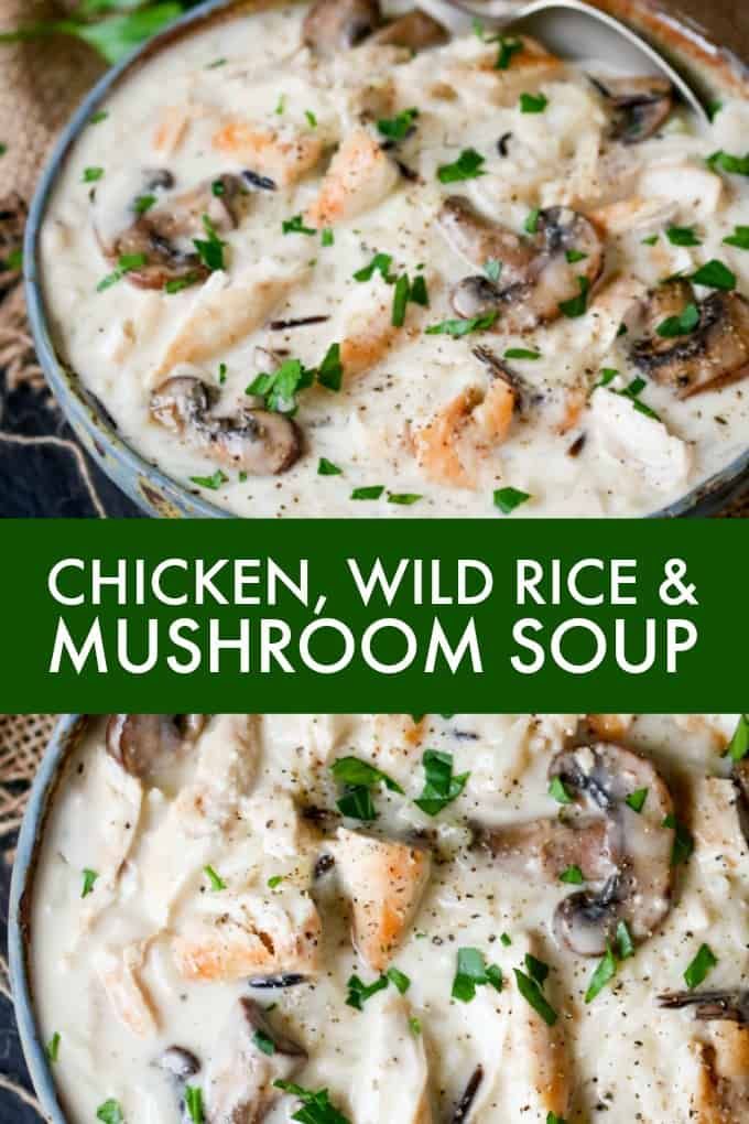 chicken, wild rice and mushroom soup in a bowl