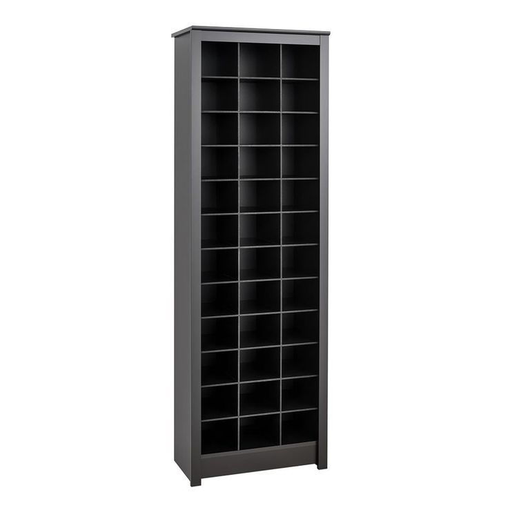 a black bookcase with many shelves on it