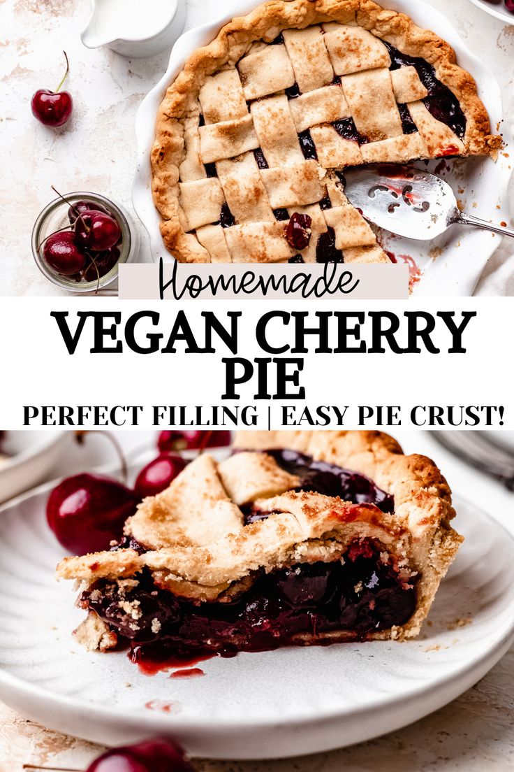 homemade vegan cherry pie on a white plate